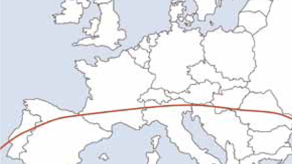Figure 1. Rhipicephalus sanguineus is primarily a tick of southern Europe; below the red line indicates where it occurs most frequently.